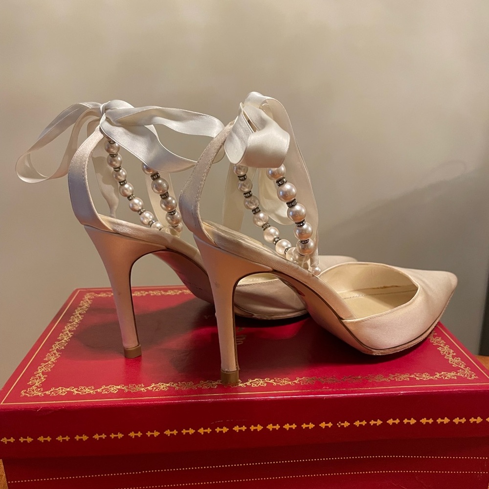 Rene Caovilla Ivory Satin Heels with Pearl Accents
